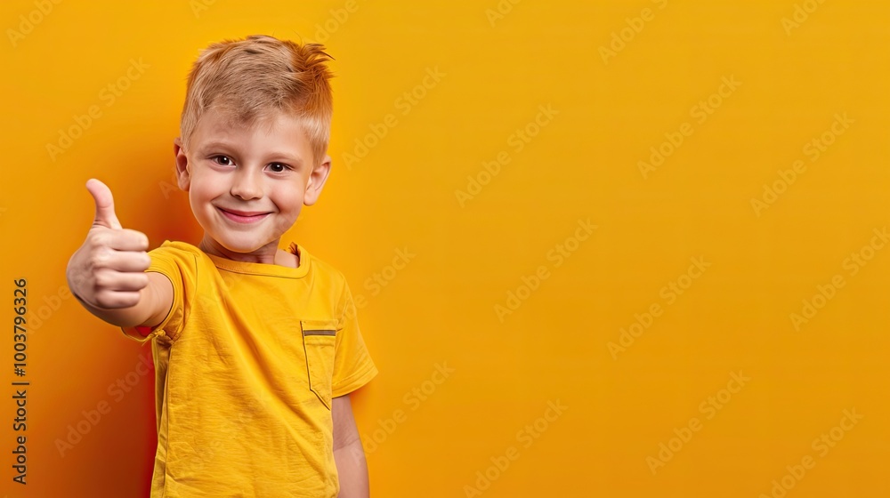 Smiling young boy giving thumbs up, on a solid color background. Smiling young boy giving thumbs up, on a solid color background.