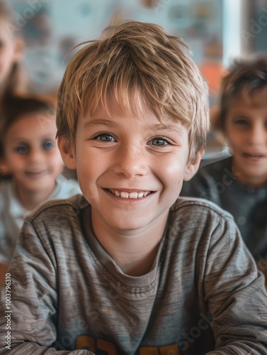 Smiling Young Boy in Classroom.