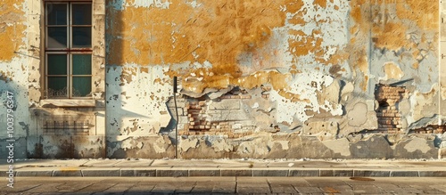Along a street the outer wall of a building displays peeling paint caused by weather conditions and neglect making it a prime spot for a copy space image