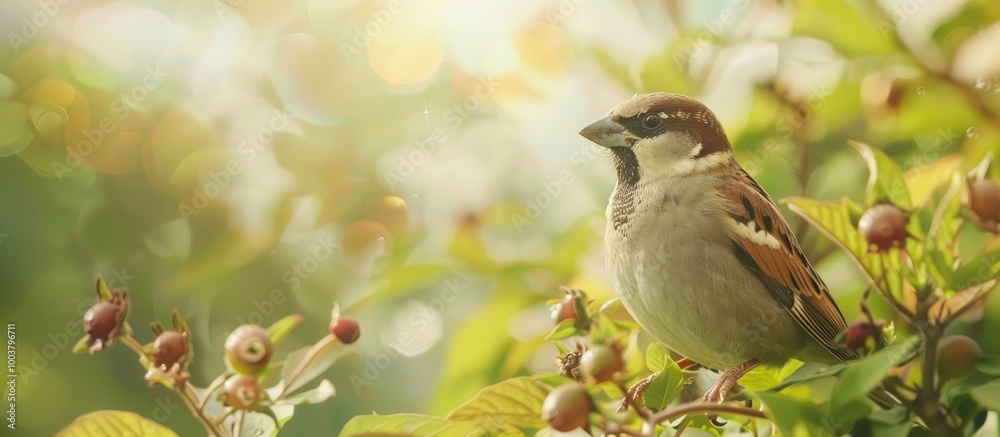 A house sparrow perched in a summer garden with a background displaying a copy space image A house sparrow perched in a summer garden with a background displaying a copy space image