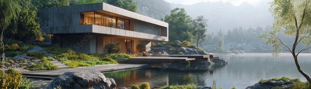 Modern Lakeside House with Large Windows Overlooking Serene Mountain Landscape at Sunrise Modern Lakeside House with Large Windows Overlooking Serene Mountain Landscape at Sunrise