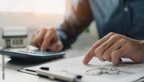 close up young man hand press on calculator to check and summary expense of home loan mortgage 