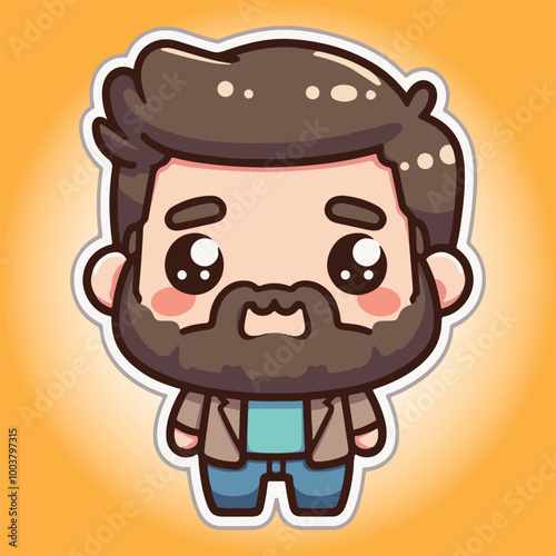 Sticker of a cartoon man with a beard and casual clothing is standing in front of a yellow background. He has a kind expression on his face