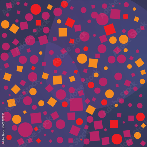 A colorful pattern of circles and squares. The forms are red and orange, and the background is blue. The pattern is very busy and colorful, and it gives off a fun and playful vibe