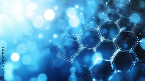A captivating blue abstract background featuring hexagonal patterns and shimmering light effects, ideal for technology and science themes.