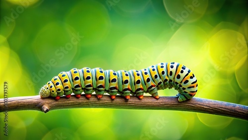 nature, vibrant, wildlife, sliding, creature, Caterpillar on a branch captured from a unique worm s eye view perspective against a vibrant green background with lush foliage photo