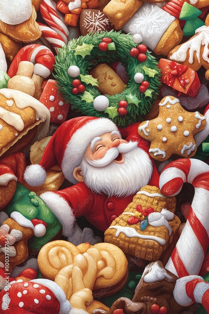 Santa Claus sits surrounded by an assortment of holiday treats - Christmas cookies and pretzels Santa Claus sits surrounded by an assortment of holiday treats - Christmas cookies and pretzels