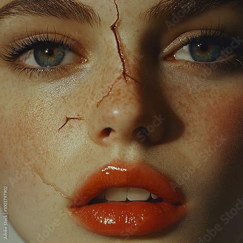 Close-up Portrait of a Woman with a Cracked Face photo