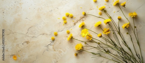 Top down view of yellow flowers on a beige surface for a flat lay composition with ample copy space image