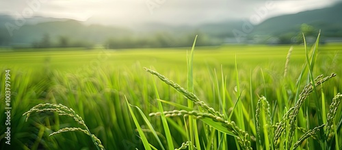 Green rice seeds growing in the fields with an empty area for additional image information photo