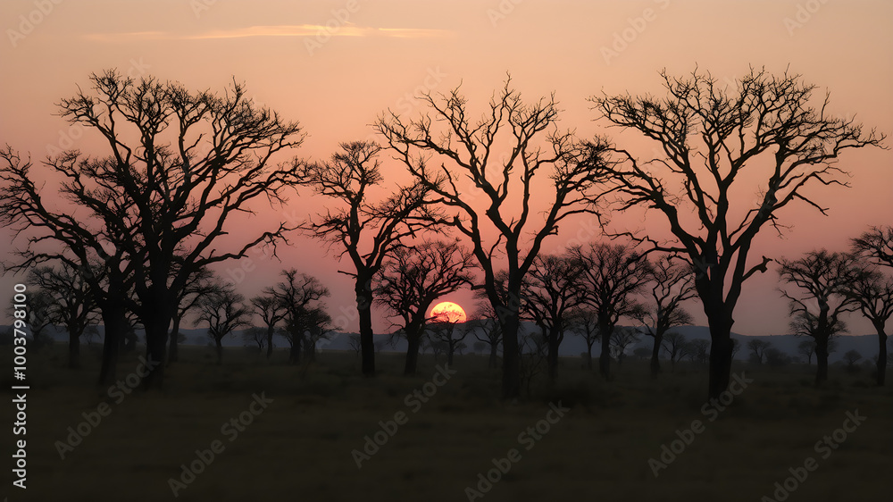 Serene Sunset Over Bare Trees in Expansive Landscape Serene Sunset Over Bare Trees in Expansive Landscape