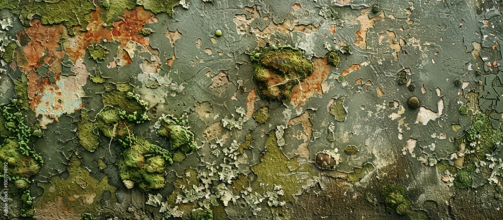 Detailed wall texture featuring mold spots moss damaged paint layers and grunge strokes is ideal for analyzing anti fungal paint with copy space image