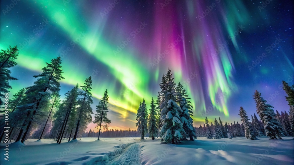 Fototapeta premium Long shot of aurora borealis northern lights over trees on winter night sky in stock photo