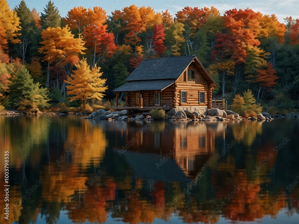 An idyllic log cabin on a lakeshore reflects beautifully in still waters, framed by autumn foliage.
