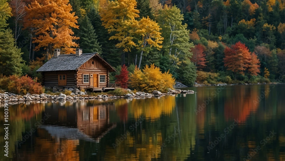 An idyllic log cabin reflects perfectly on a lakeshore, surrounded by autumn foliage. An idyllic log cabin reflects perfectly on a lakeshore, surrounded by autumn foliage.