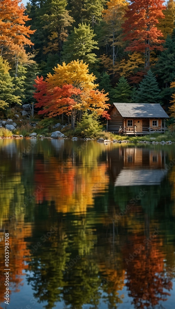An idyllic log cabin sits by a tranquil lake, perfectly mirrored in calm waters and surrounded by vibrant autumn foliage. An idyllic log cabin sits by a tranquil lake, perfectly mirrored in calm waters and surrounded by vibrant autumn foliage.