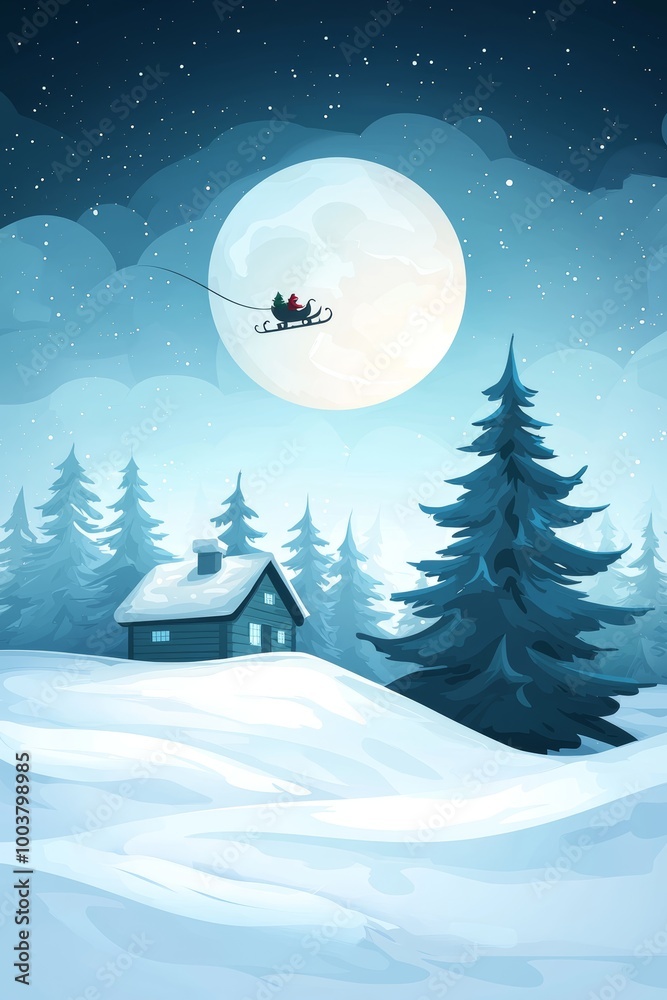 house, person in sleigh, full moon in sky background
