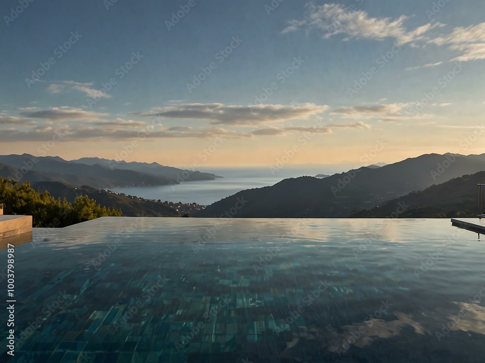 An infinity pool aligns with coastal mountains, emphasizing natural beauty and luxurious comfort. An infinity pool aligns with coastal mountains, emphasizing natural beauty and luxurious comfort.