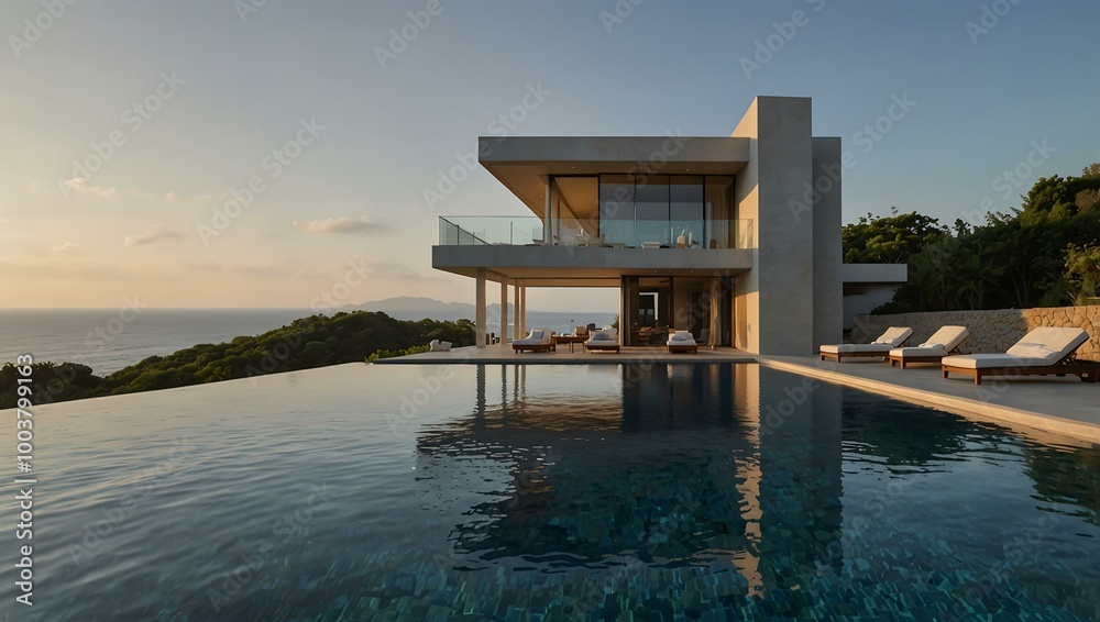 An infinity pool with ocean views highlights the contemporary design of a luxurious villa. An infinity pool with ocean views highlights the contemporary design of a luxurious villa.