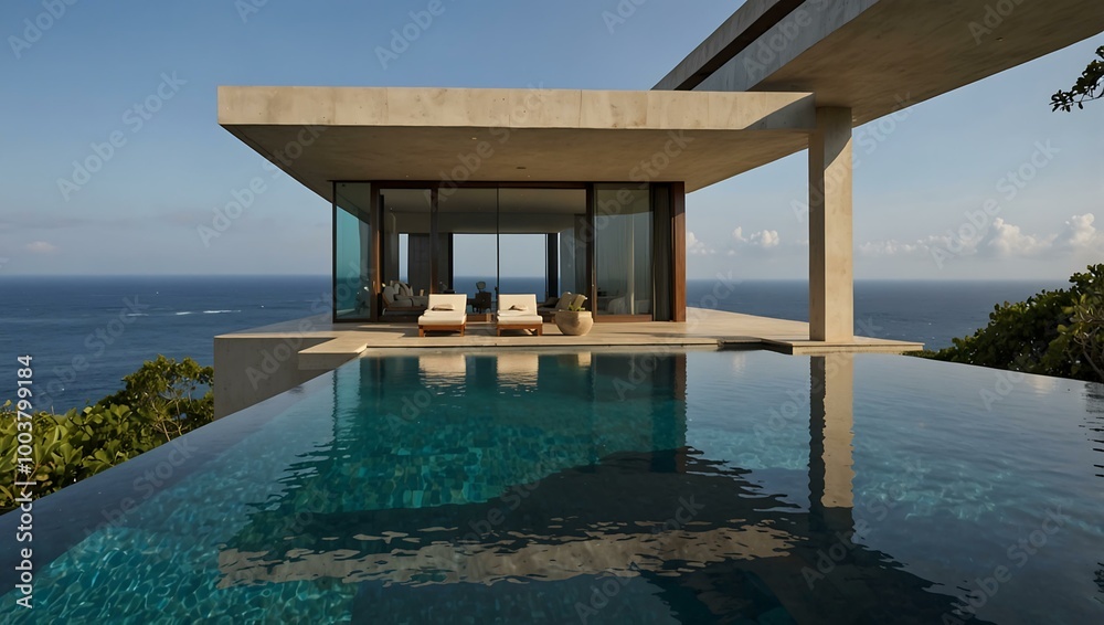 An infinity pool with ocean views complements a modern villa's design, providing a serene escape for relaxation. An infinity pool with ocean views complements a modern villa's design, providing a serene escape for relaxation.