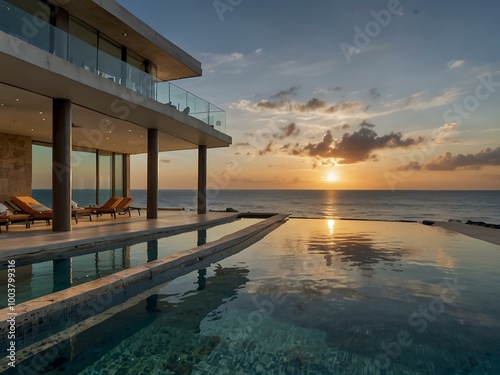 An oceanfront property features a beautiful infinity pool merging with the horizon for unparalleled views. photo