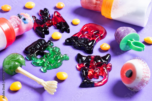 Assortment of Halloween candies isolated on purple background.  photo