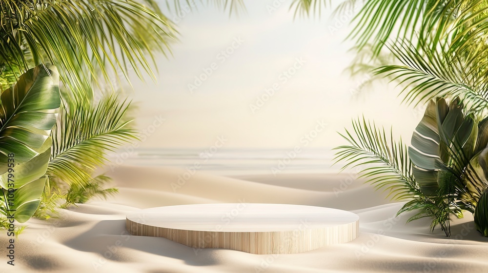 Fototapeta premium Product podium display with beautiful sand beach daylight time for advertisement 
