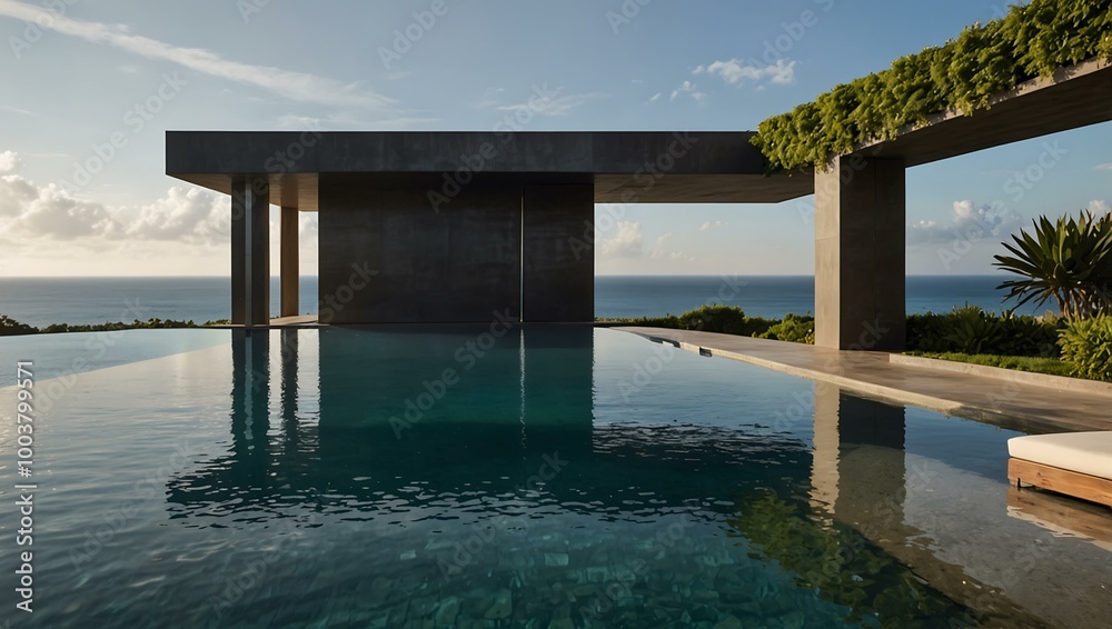 An opulent infinity pool blending with the ocean, surrounded by modern architecture and greenery. An opulent infinity pool blending with the ocean, surrounded by modern architecture and greenery.