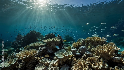 An underwater view of a bleached coral reef, pale from rising ocean temperatures, with fish seeking shelter.