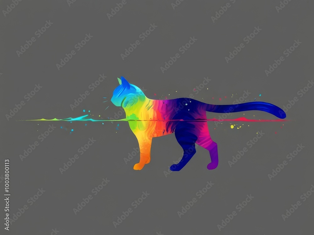 Obraz premium Black Cat Silhouette with Rainbow Brushstrokes
