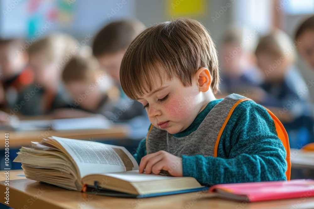 Child Reading in Classroom with Focus and Concentration Child Reading in Classroom with Focus and Concentration