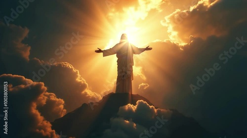 Jesus Christ ascending to heaven with light rays sky and clouds. Second Coming concept.