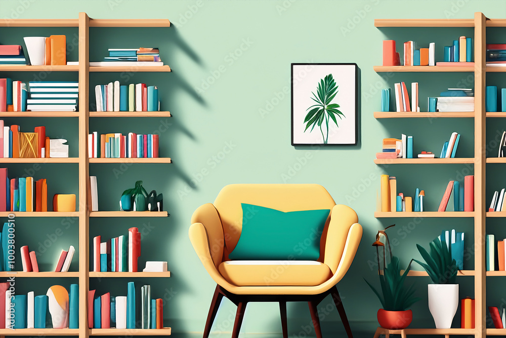 Wohnraum mit gelbem Sessel und zwei Bücherregalen Wohnraum mit gelbem Sessel und zwei Bücherregalen