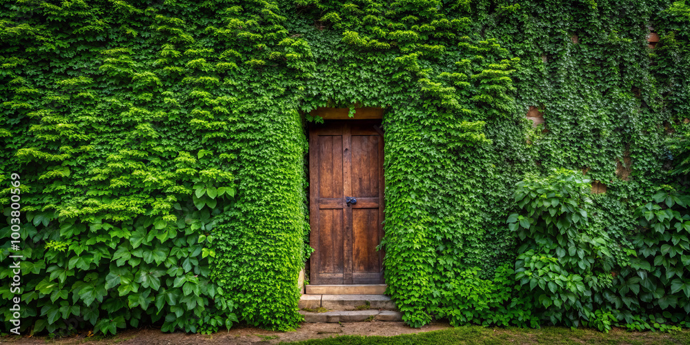 hidden door nestled within lush, ivy covered wall creates sense of mystery and intrigue. vibrant greenery envelops wooden door, inviting exploration