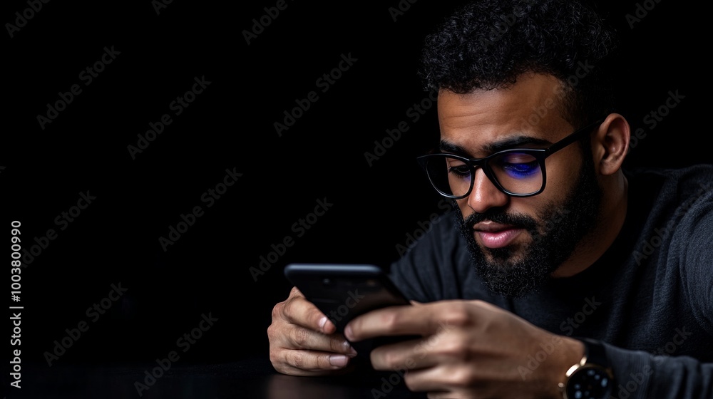 Focused on the Screen: A young man with a beard and glasses intently looks at his phone, engrossed in the digital world. His expression is one of deep concentration.