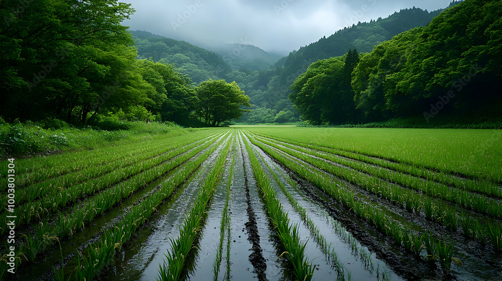 Rice Paddy Field with Lush Green Rows and Surrounding Forest Rice Paddy Field with Lush Green Rows and Surrounding Forest