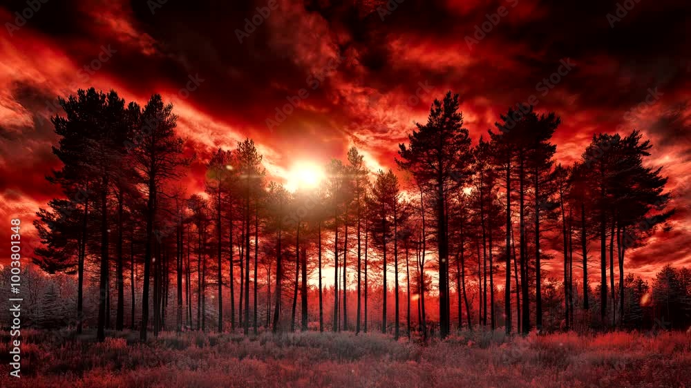 Otherworldly Scene: Red Pine Forest and Pink Skies in Infrared. Seamless looping time-lapse virtual 4k video animation background