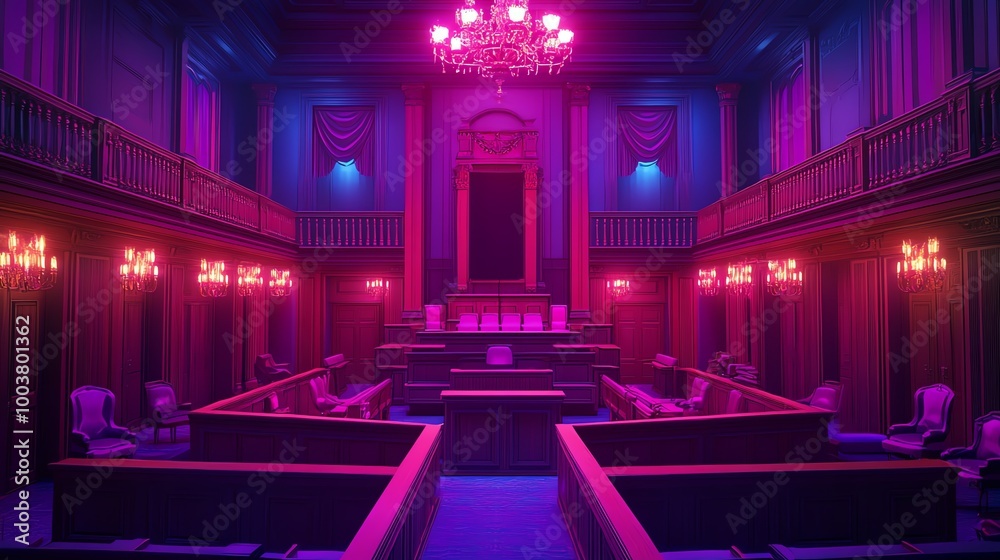 A courtroom with glowing pink and blue lights, showcasing a judge's bench, jury box, and witness stand. A courtroom with glowing pink and blue lights, showcasing a judge's bench, jury box, and witness stand.