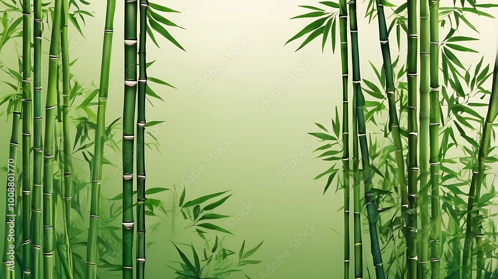 Naklejka premium Green bamboo frame with stems and leaves on white