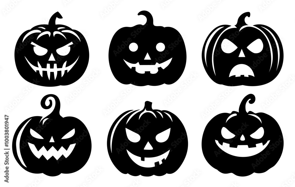 Set of Halloween Pumpkin black silhouettes isolated on transparent background, Scary Spooky Carving Pumpkins. Set of Halloween Pumpkin black silhouettes isolated on transparent background, Scary Spooky Carving Pumpkins.