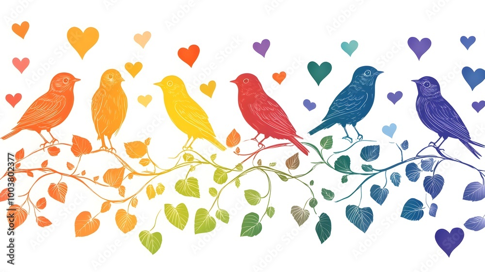 Cartoon birds in rainbow hues chirp among heart-shaped leaves, creating a dynamic and joyful pattern on a white background, full of energy Cartoon birds in rainbow hues chirp among heart-shaped leaves, creating a dynamic and joyful pattern on a white background, full of energy