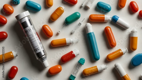 Assorted pills and a syringe on a white background, symbolizing healthcare.