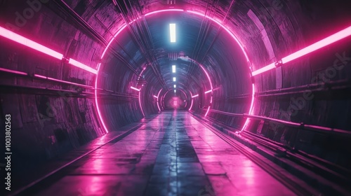 A futuristic tunnel illuminated by vibrant pink neon lights, creating a captivating atmosphere of mystery and adventure, abstract tunnel background