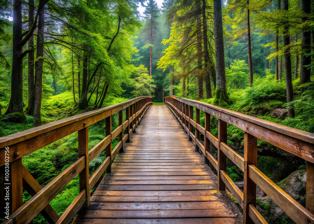 serene wooden bridge leads into lush green forest, surrounded by tall trees and vibrant foliage. peaceful atmosphere invites exploration and connection with nature serene wooden bridge leads into lush green forest, surrounded by tall trees and vibrant foliage. peaceful atmosphere invites exploration and connection with nature
