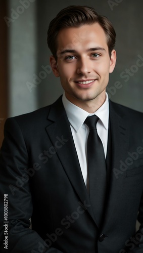 Attractive employee in a formal black suit and tie at work.