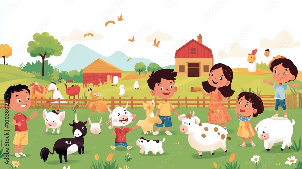 Naklejka premium Children playing joyfully with farm animals in a vibrant countryside setting during a sunny day
