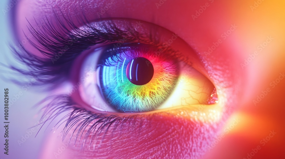 Animation Concept of a Human Multicolored Iris, Featuring Rainbow Lines Scattering from a Bright White Circle to Form a Volumetric Eye Iris and Pupil Against a Vibrant Background Animation Concept of a Human Multicolored Iris, Featuring Rainbow Lines Scattering from a Bright White Circle to Form a Volumetric Eye Iris and Pupil Against a Vibrant Background