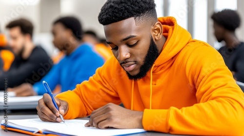 Focused Student: A young Black man diligently takes notes in a college lecture hall, showcasing dedication and academic pursuit.