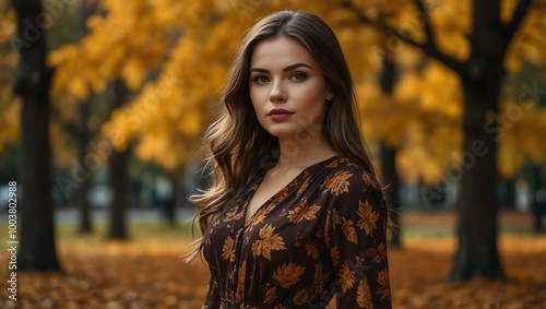 Autumn photo of a woman in a long dress and scattered leaves.