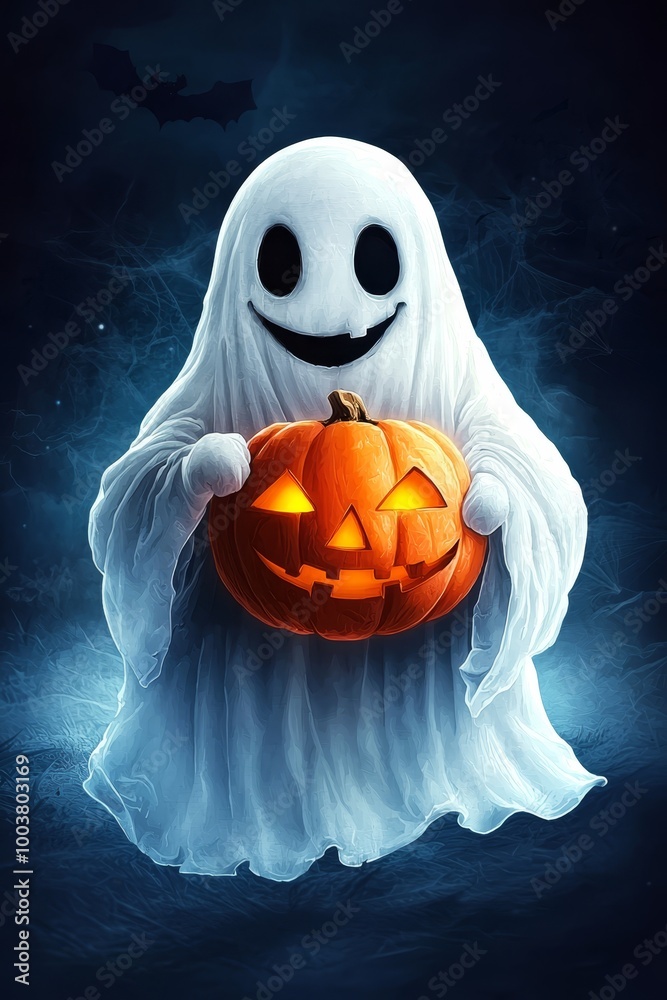 A ghost, grinning, holds a jack-o-lantern A ghost, grinning, holds a jack-o-lantern